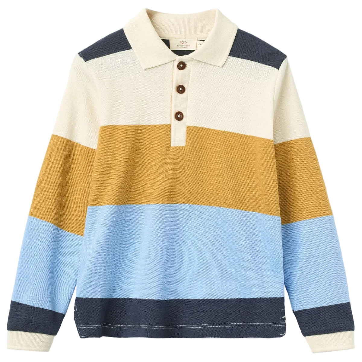 The Copenhagen Colors Baby Boys’ and Boys’ Striped Pique Long Sleeved Polo features cream, mustard yellow, light blue, and navy stripes with a collar and three brown buttons.