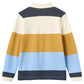 The Baby Boys’ and Boys’ Striped Pique Long Sleeved Polo by Copenhagen Colors features wide navy, cream, mustard, and light blue stripes in soft organic cotton, shown from the back.