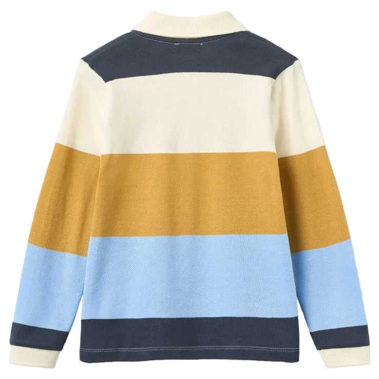 The Baby Boys’ and Boys’ Striped Pique Long Sleeved Polo by Copenhagen Colors features wide navy, cream, mustard, and light blue stripes in soft organic cotton, shown from the back.