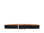 Magnanni Telante Sueded Belt in dark blue suede with a silver-tone buckle and tan leather lining.
