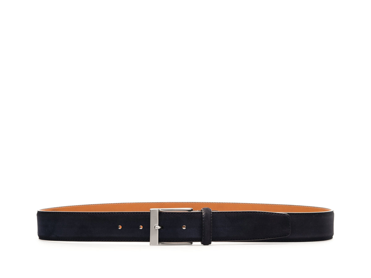 Magnanni Telante Sueded Belt in dark blue suede with a silver-tone buckle and tan leather lining.
