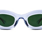 The Jazz Sunglasses by Thierry Lasry boast clear oval plastic frames and dark green lenses, making them a chic addition to any eyewear collection. Inspired by Cult Gaia's elegance, they seamlessly combine style with function.
