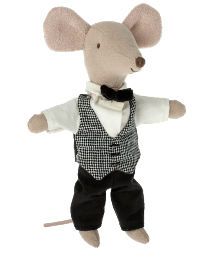 Maileg Waiter Mouse toy dressed in a vest, bow tie, and trousers, crafted from cotton materials.