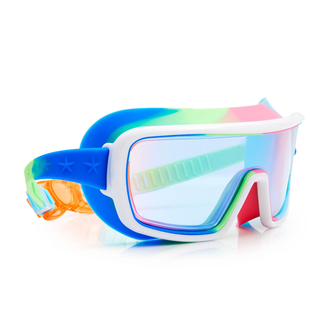 The Bling2O Kids' Prismatic Goggles showcase a vibrant rainbow-patterned frame, a wide prismatic lens for enhanced clarity, a blue star-detailed strap, and an orange adjustable clip—all presented on a white background. These goggles also offer dependable UV protection to ensure safe fun in the sun.