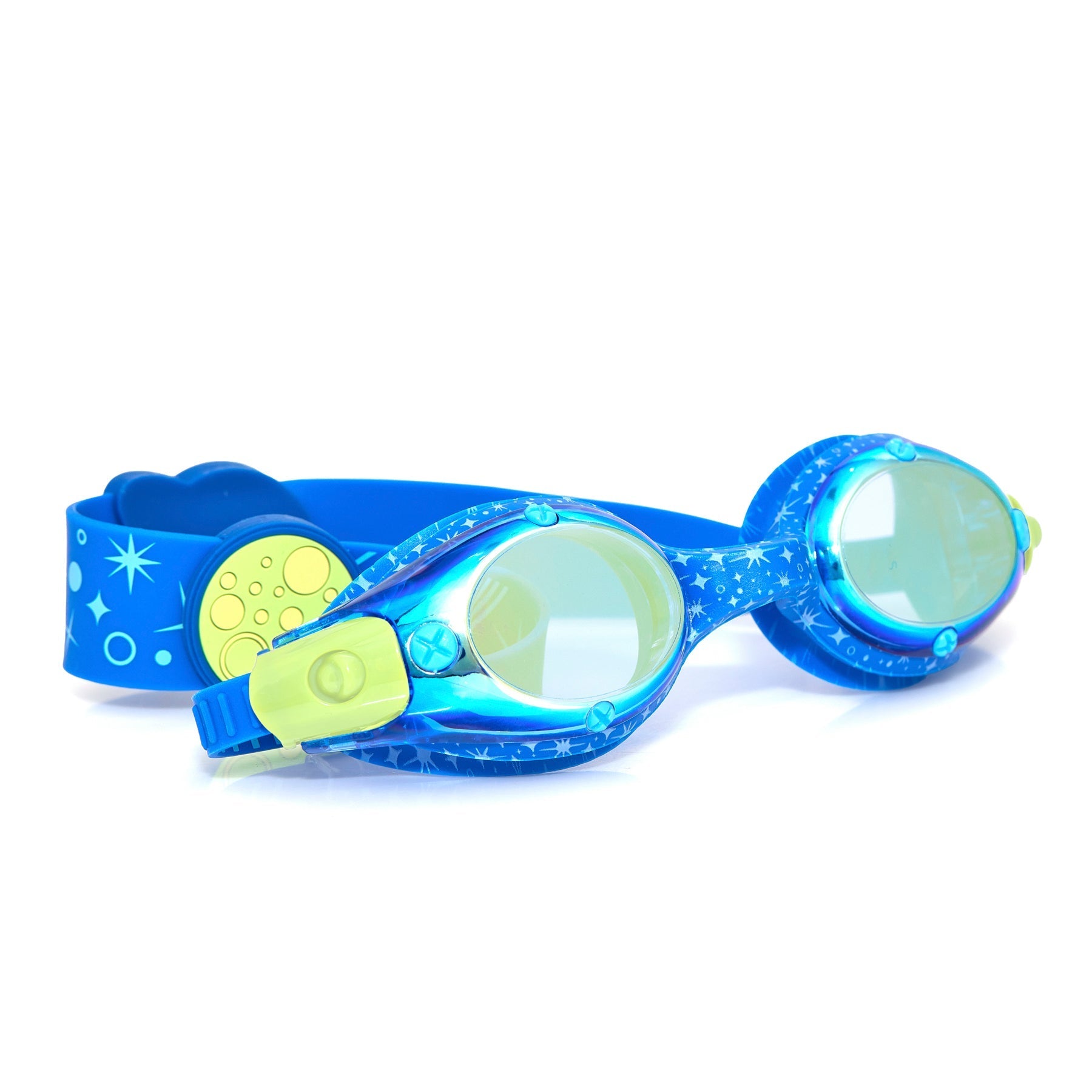 The Bling2O Solar Swim Goggles feature a blue frame, celestial star and moon print strap, adjustable yellow-green clips, and a decorated blue band—perfect for young space fans. Shown on a white background.