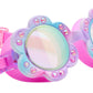 The Bling2O Flower Gardenia Moonflower Swim Goggles feature pink straps, pastel flower-shaped frames, and sparkling rhinestone accents for a fun, floral-inspired look kids will love.