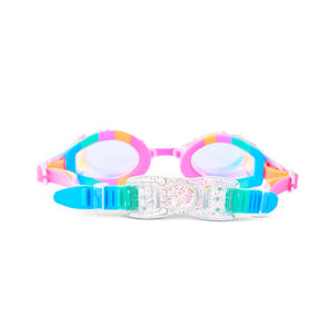 The Bling2O Kids' Gelato Ice Goggles feature a vibrant pink, yellow, and teal frame with clear anti-fog lenses and a sparkly adjustable strap for a comfortable fit. Shown on a white background, these goggles also offer essential UV protection—making them perfect for fun days in the pool or at the beach.