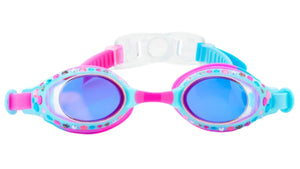 Bling2O Gemstones Swim Goggles feature blue-tinted lenses, a shimmering design, pink and blue accents, and a playful frame decorated with small colorful dots.