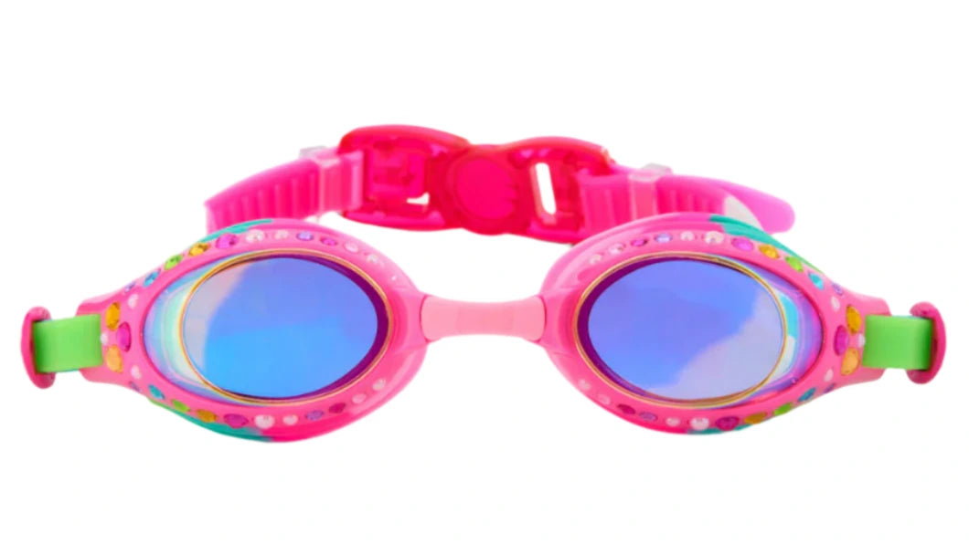 The Bling2O Gemstones Swim Goggles for kids feature a shimmering pink and green design with blue-tinted lenses and decorative details, displayed against a white background.