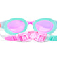 A pair of Bling2O Kids' Neptune Mermaid Tail Goggles featuring anti-fog lenses and UV protection, with pink, turquoise, and white straps and pink-tinted lenses, displayed on a white background.