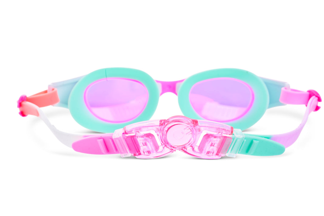 A pair of Bling2O Kids' Neptune Mermaid Tail Goggles featuring anti-fog lenses and UV protection, with pink, turquoise, and white straps and pink-tinted lenses, displayed on a white background.