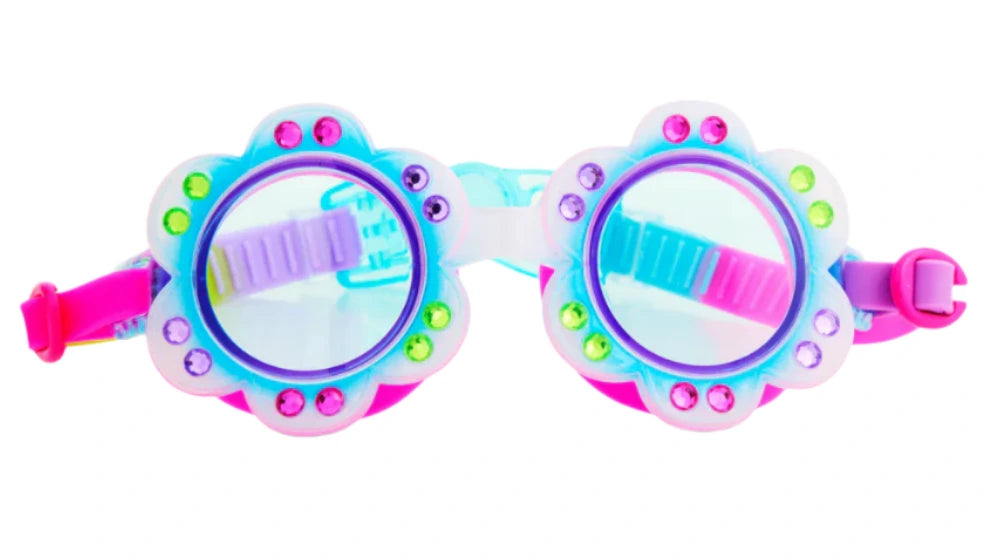 Bling2O Petals Swim Goggles feature a flower-shaped frame in pink, blue, and white with a floral ombre pattern and colorful rhinestones for extra sparkle.