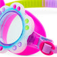 Close-up of Bling2O Petals Swim Goggles featuring a playful floral ombre pattern, flower-shaped frame with green and purple studs, pink strap, and clear lenses.