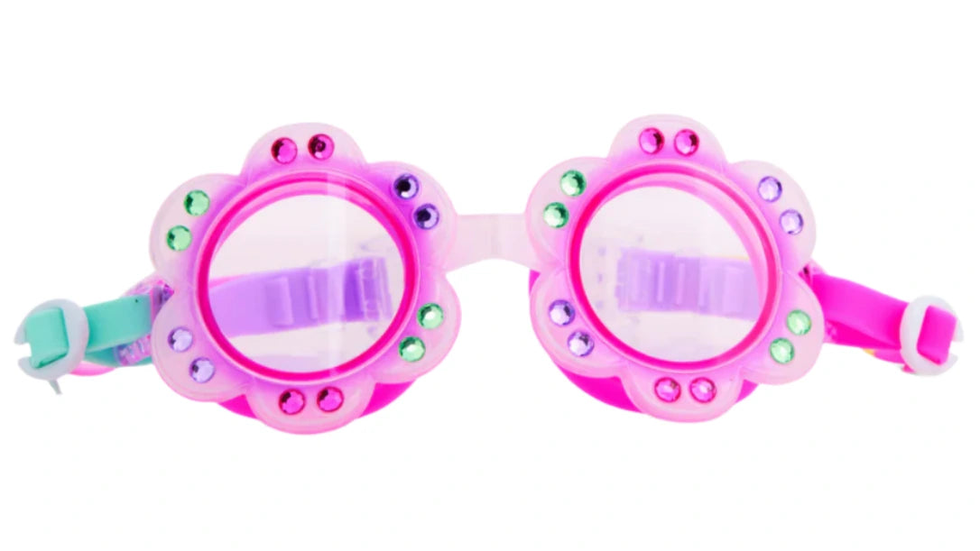 Bling2O Petals Swim Goggles feature a pink flower-shaped frame with multicolored gems, a floral ombre pattern, and an adjustable strap.