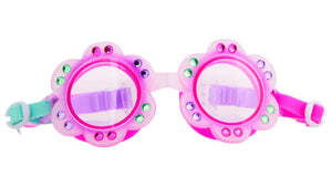 Bling2O Petals Swim Goggles feature a pink flower-shaped frame with multicolored gems, a floral ombre pattern, and an adjustable strap.