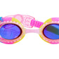 The Bling2O Rainbow Swim Goggles feature purple lenses, pink and yellow glitter-infused frames, and blue adjustable straps, displayed on a white background.