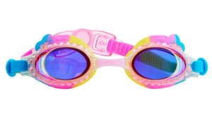 The Bling2O Rainbow Swim Goggles feature purple lenses, pink and yellow glitter-infused frames, and blue adjustable straps, displayed on a white background.