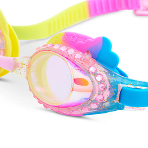 Close-up of Bling2O Rainbow Swim Goggles, showcasing a glitter-infused frame with pink, blue, and yellow accents, decorative gems, and cloud-shaped details for a whimsical butterfly-inspired look.
