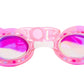 The Bling2O Rainbow Swim Goggles for kids feature pink and purple colors, a whimsical butterfly detail, glitter-infused translucent frames, and adjustable straps, shown against a white background.