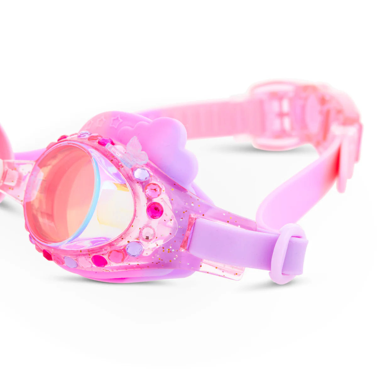 Close-up of Bling2O Rainbow Swim Goggles, featuring a glitter frame with faux gemstones and playful butterfly accents in pink and purple.