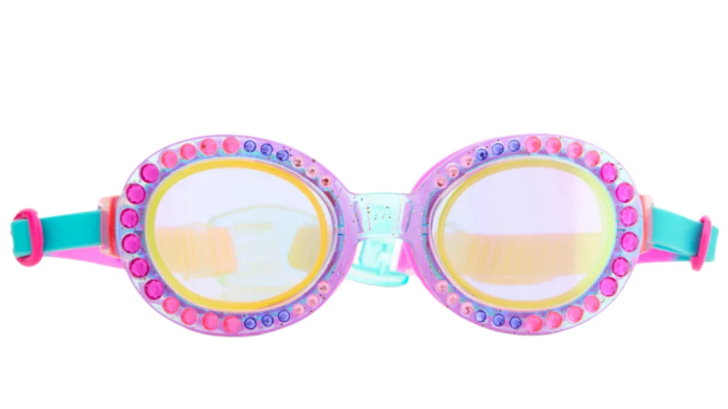 The Bling2O Sparkling Summer Swim Goggles feature pink, purple, and blue rhinestones around the lenses and teal adjustable straps for a stylish look in the pool.
