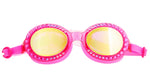 The Bling2O Sparkling Summer Swim Goggles showcase pink frames, yellow-tinted lenses, and playful rhinestones, adding stylish fun for young swimmers. Displayed against a white background.