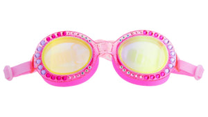 The Bling2O Sparkling Summer Swim Goggles feature a pink design with a glittery frame and colorful rhinestone decorations around the lenses.