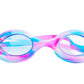 The Bling2O Tiny Taffy Swim Goggles feature a blue and pink swirl pattern with decorative rhinestones, perfect for kids who love colorful style in the pool.