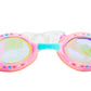 Bling2O Tropical Rhinestone Swim Goggles feature pink frames, colorful polka dots, purple strap ends, and mirrored lenses—ideal for pool days or matching with your favorite beach sliders.