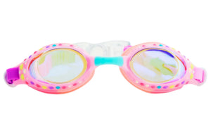 Bling2O Tropical Rhinestone Swim Goggles feature pink frames, colorful polka dots, purple strap ends, and mirrored lenses—ideal for pool days or matching with your favorite beach sliders.