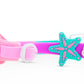 Close-up of Bling2O Tropical Rhinestone Swim Goggles for kids, featuring decorative starfish and seashell designs on the strap with sparkling rhinestones and fun beach-themed sliders.