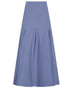 The Lela Rose Seam Detail Skirt is a high-waisted A-line skirt crafted in light blue cotton poplin with front box pleats—a true wardrobe essential.