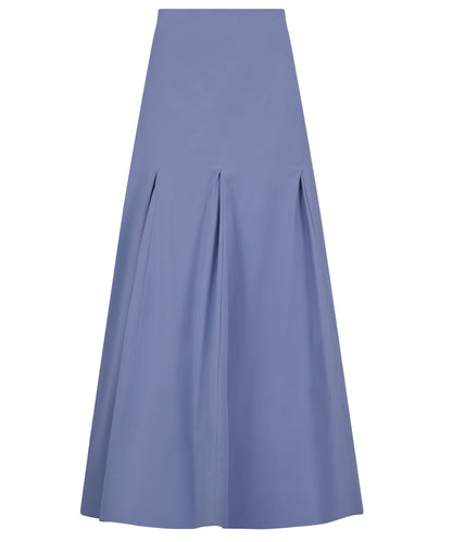 The Lela Rose Seam Detail Skirt is a high-waisted A-line skirt crafted in light blue cotton poplin with front box pleats—a true wardrobe essential.