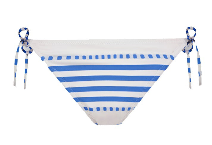 Lemlem's Malia Top and Rekka Bottom Bikini features a responsibly-made, blue and white striped design with adjustable string ties on the sides.