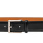The Viento Belt by Magnanni is crafted from black calfskin leather, featuring a brushed nickel buckle and three visible holes.