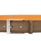 The Telante Belt by Magnanni, featuring a brown suede leather with an antiqued detailing buckle, is displayed against a white background.