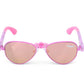 The Bling2O Girls’ Hampton Beach Sunglasses feature pink and purple frames with heart-shaped details on the bridge and mirrored, UV-protected lenses, shown against a white background—perfect beach sunglasses for kids.