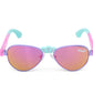 The Bling2O Girls’ Hampton Beach Sunglasses feature purple and pink frames with mirrored, UV-protected lenses, blue-green accent arms, and a sparkling blue cloud with rhinestones above the nose bridge—making them the perfect stylish accessory for the beach.
