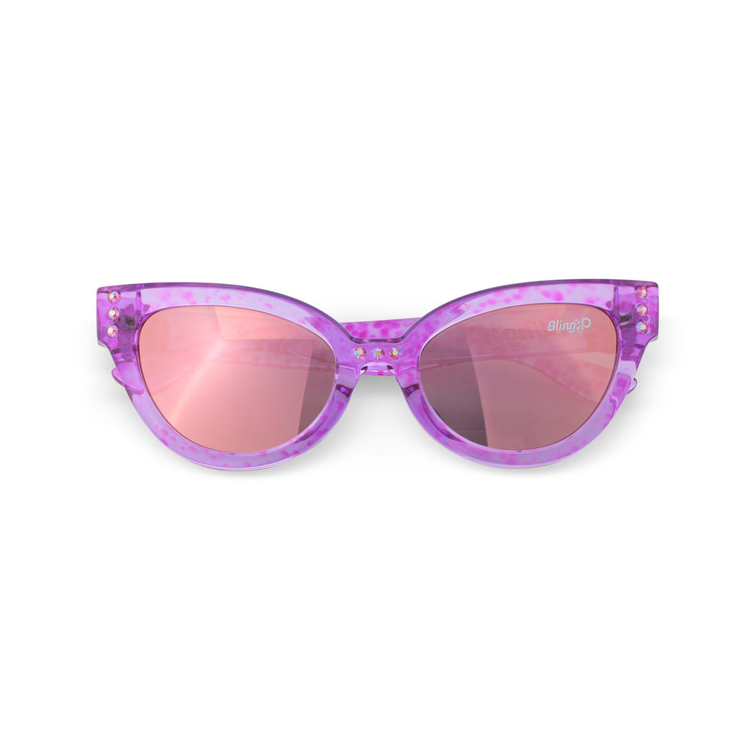 The Bling2O Girls’ Malibu Beach Sunglasses are kids’ purple cat-eye sunglasses featuring a translucent frame and pink tinted, UV-protected lenses, displayed from the front against a white background.