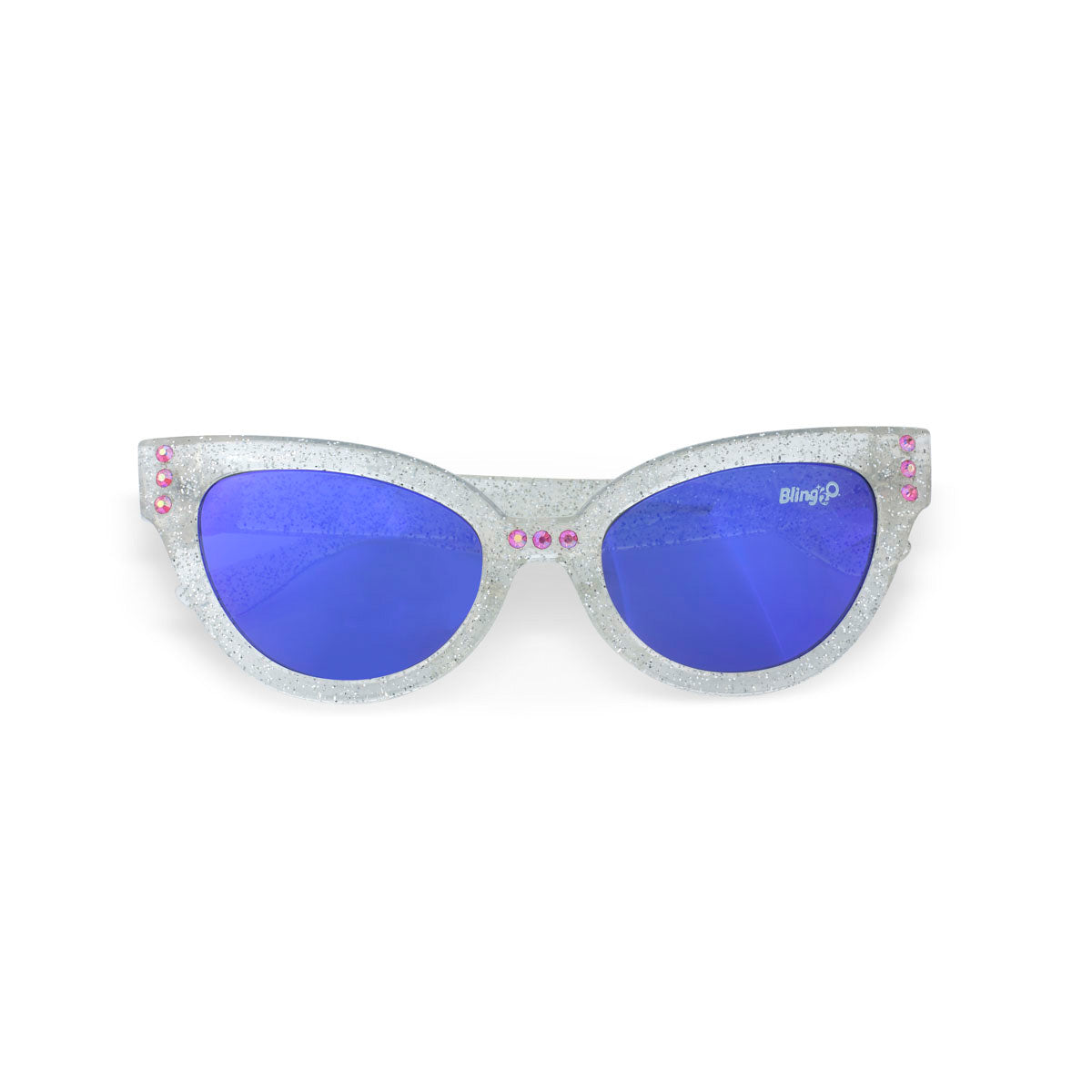Bling2O Girls’ Malibu Beach Sunglasses feature a silver glittery cat-eye design with blue UV-protected lenses and small pink rhinestone accents on the frames.