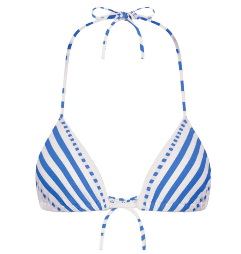 Lemlem's Malia Top and Rekka Bottom Bikini features a blue and white striped triangle design, with halter neckties and adjustable front string ties, crafted responsibly for your ideal beach day.