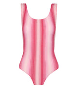 Lemlem's Haset One Piece is a one-piece swimsuit in Feven Fuchsia swim, showcasing vertical pink and red stripes crafted from stretchy fabric for a comfortable fit.