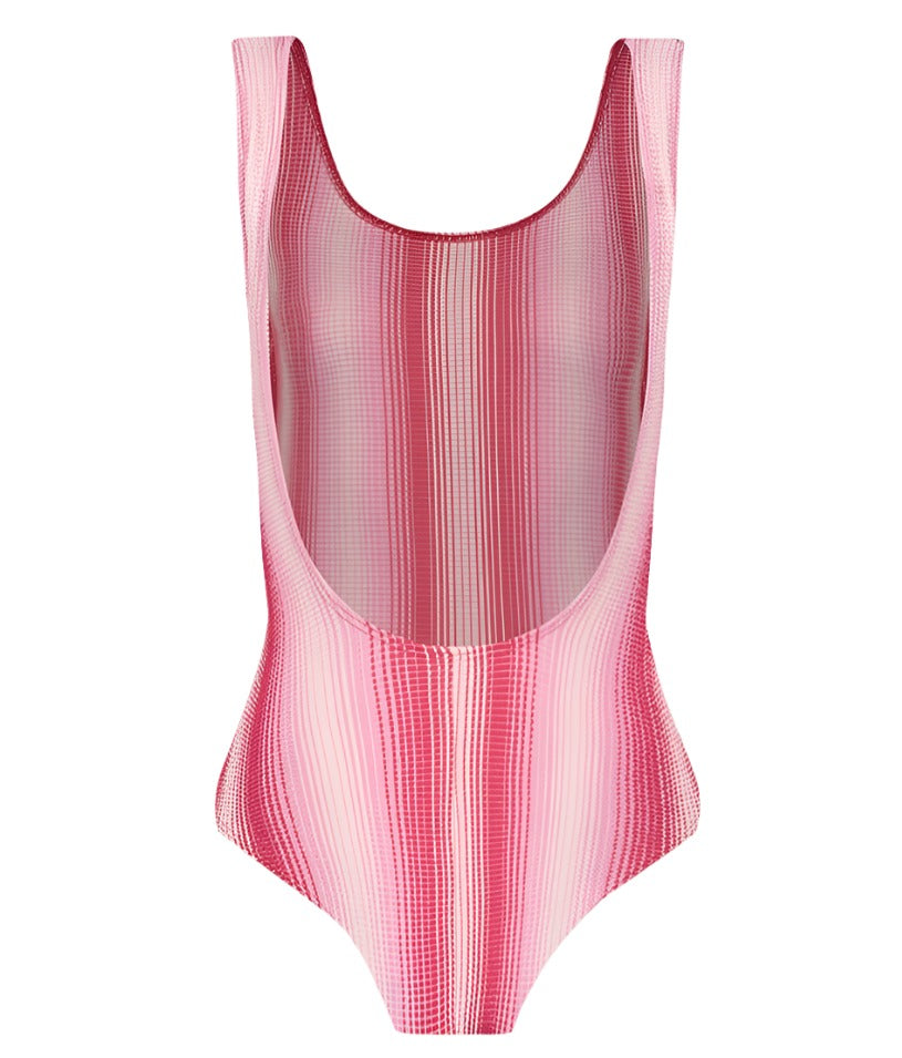 The Lemlem Haset One Piece by Lemlem showcases a pink and white vertically striped design, crafted from scrunch rib fabric. It features a scoop neck and a low-cut back.