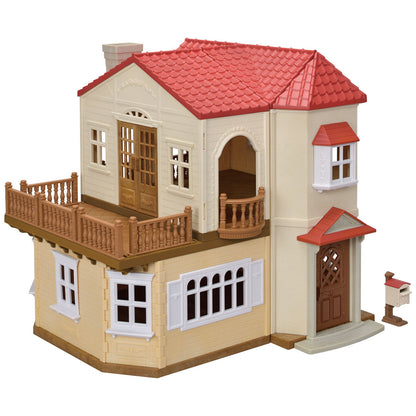 Calico Critters Country Home-Secret Attic Playroom with red roof, brown trim, balcony, multiple windows, front door, and a small mailbox—perfect for your dollhouse collection or as a home for the Chocolate Rabbit family.