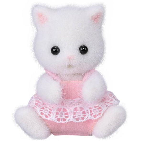 Calico Critters Persian Cat Twins—an adorable white plush kitten toy with fluffy fur, black eyes, pink ears, and a pink dress adorned with white lace, sitting facing forward against a white background.