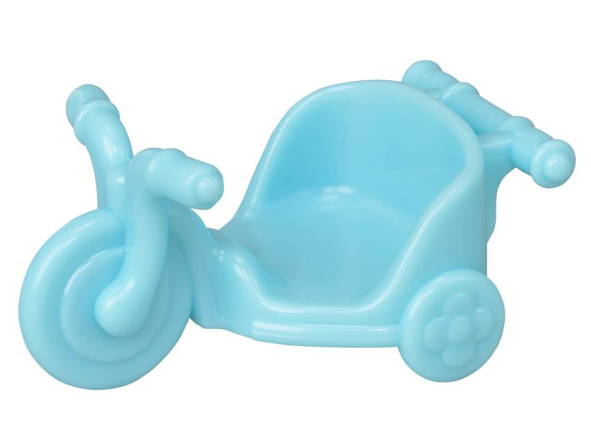 A simple, stylized tricycle made of light blue plastic with three wheels and a wide seat—sized just right for the Calico Critters Persian Cat Twins to take a playful ride together.