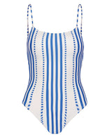 Introducing the Lemlem Elene One Piece by Lemlem, a classic swimsuit with blue vertical stripes on a white background, complete with adjustable spaghetti straps for a perfect fit.