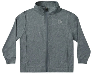 Rylee & Cru Boys’ Technical Jacket in gray, featuring a full front zipper, long sleeves, a stand collar, and front pockets. Made from poly tech fabric with “PLAY” embroidered on the left chest. The jacket is displayed flat on a white background.