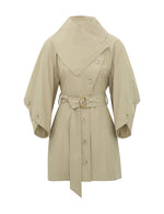 Zimmermann Valiant Utility Mini Dress in beige, featuring a wide collar, wide sleeves, and a belted waist with a gold buckle.