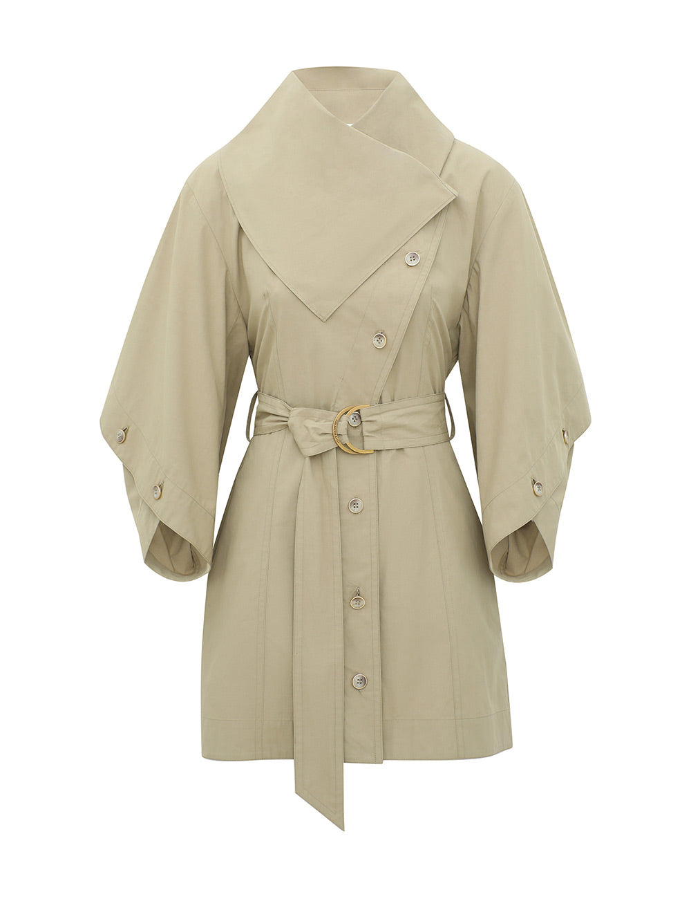 Zimmermann Valiant Utility Mini Dress in beige, featuring a wide collar, wide sleeves, and a belted waist with a gold buckle.